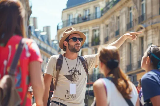 Tour guide explaining city landmarks to group on European walking tour - wireless tour guide system use case