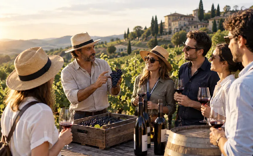 an-italy-wine-tour-tasting-winemaker-shows-grapes-to-guests-with-wine-glasses-by-barrels-in-a-sunset-tuscan-vineyard