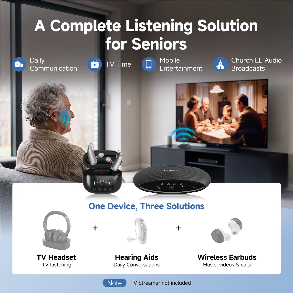 TE102 RIC Bluetooth Hearing Aid with UV-C Disinfecting Rechargeable Case and TV Connector