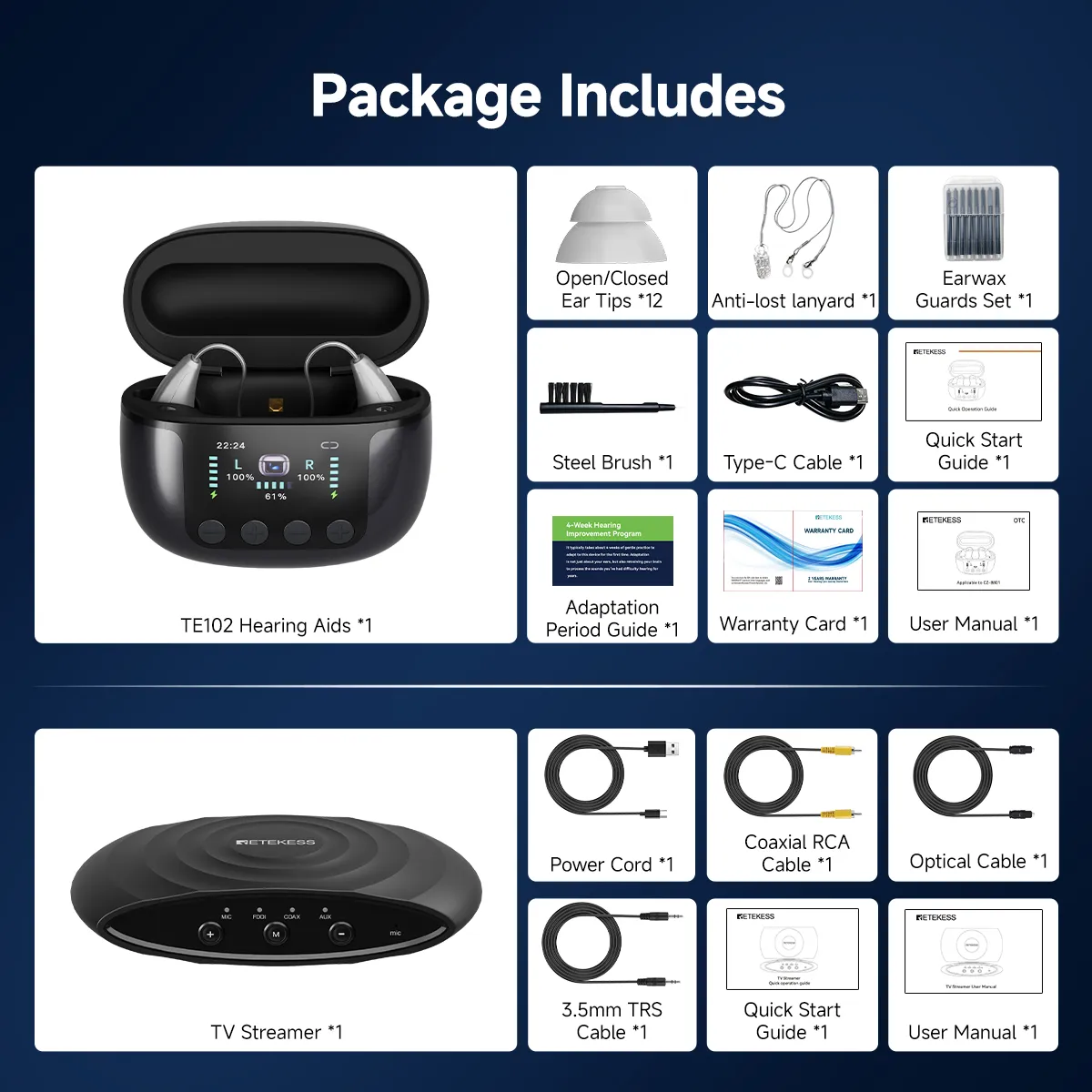 TE102 RIC Bluetooth Hearing Aid with UV-C Disinfecting Rechargeable Case and TV Connector