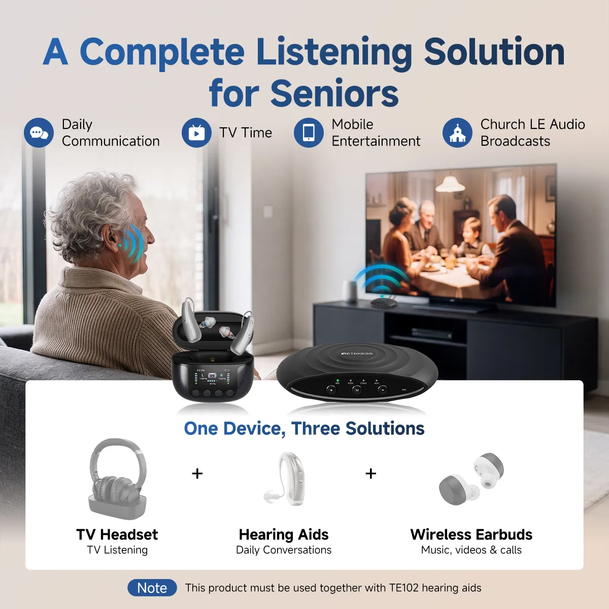 Multi-compatible Auracast TV Audio Transmitter Compatible with TE102 Bluetooth Hearing Aids