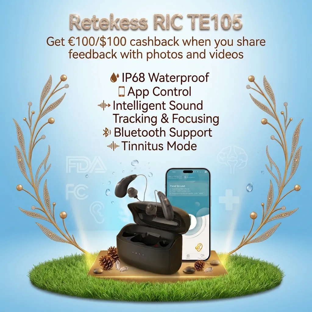 TE105 Smart RIC Hearing Aid with Speech Tracking, Bluetooth & IP68 Waterproof Protection | Christmas Gift for Seniors