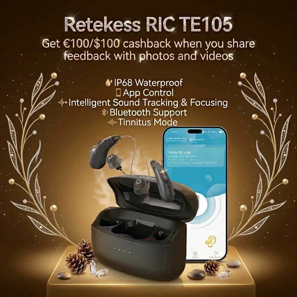 TE105 RIC IP68 Waterproof Hearing Aid with Bluetooth and App Support for Moderate to Severe Hearing Loss | Christmas Gift for Seniors