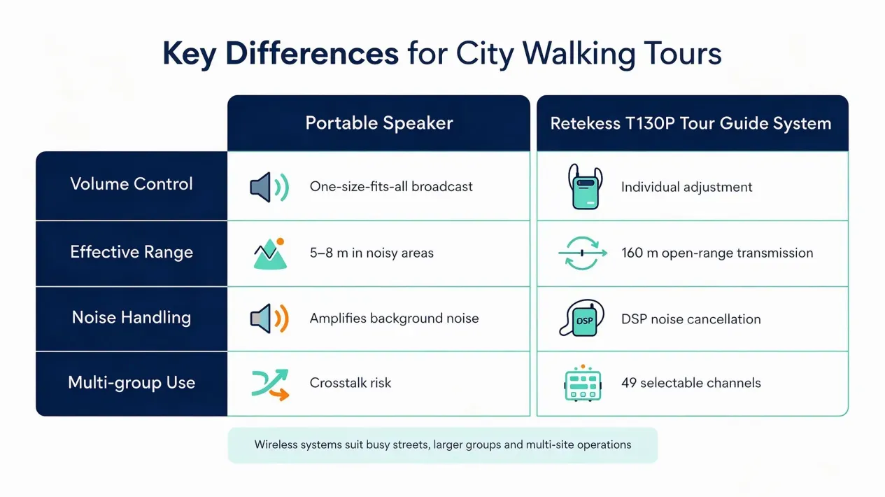comparison-table-portable-speaker-vs-retekess-t130p-tour-guide-system-outlining-key-differences-in-range-noise-control-and-multi-group-use-for-city-tours