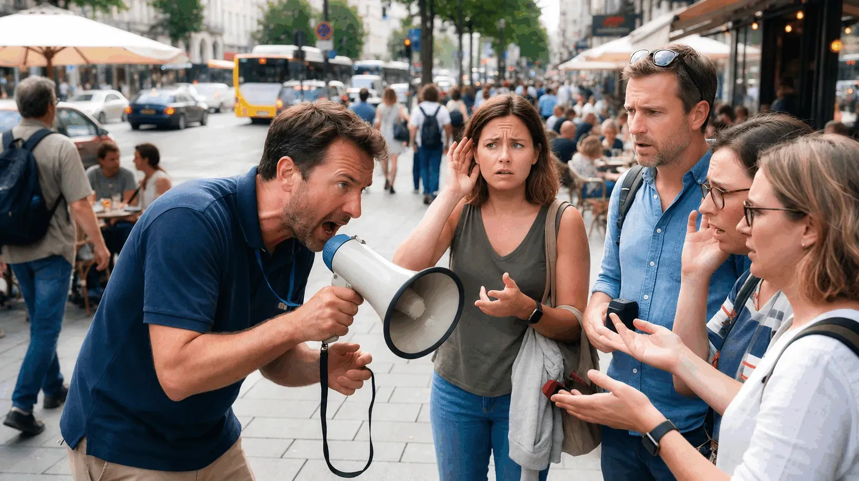 tour-guide-using-a-portable-megaphone-speaker-on-a-busy-city-street-guests-struggling-to-hear-illustrating-the-core-pain-point-in-the-tour-guide-vs-speaker-comparison